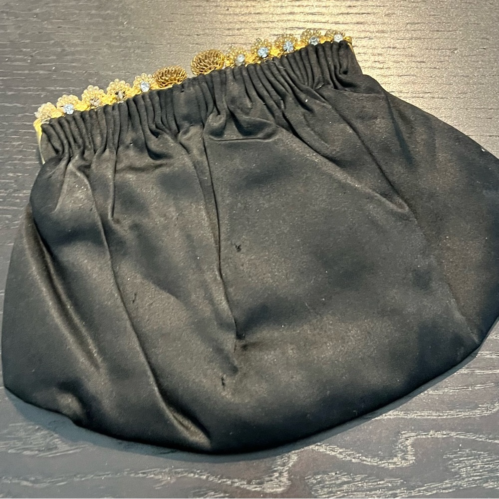 Vintage Black Satin Clutch with Gold Trim